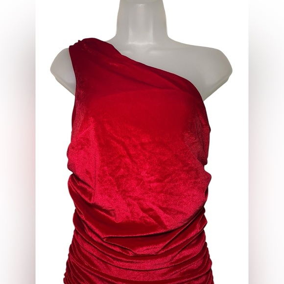 Miscreants Red Velvet One Shoulder Mini Dress w/ Gloves | Size US 6 UK 10 - Picture 5 of 9